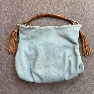 Sundance Leather Hobo Bag Large Slouchy Fringe Light Blue Distressed